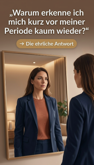 Stimmungsschwankungen vor der Periode einer High Performance Frau, die sich in den Spiegel schaut