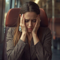 Vom Druck und Stress erschöpfte Frau mit hormonellen Dysbalancen