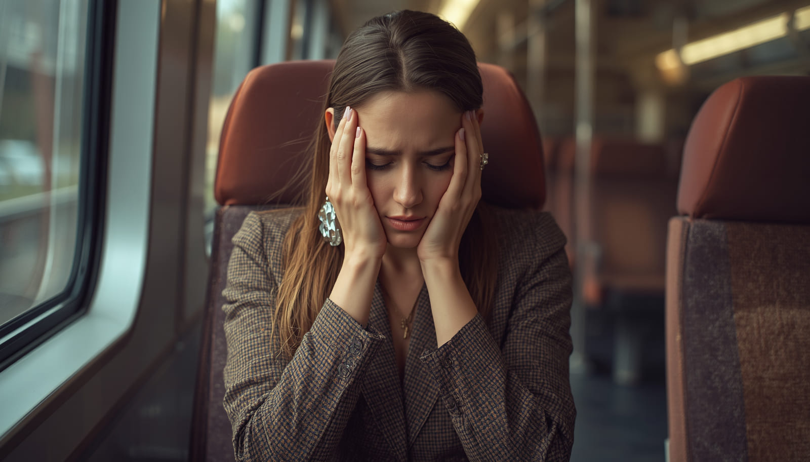Vom Druck und Stress erschöpfte Frau mit hormonellen Dysbalancen