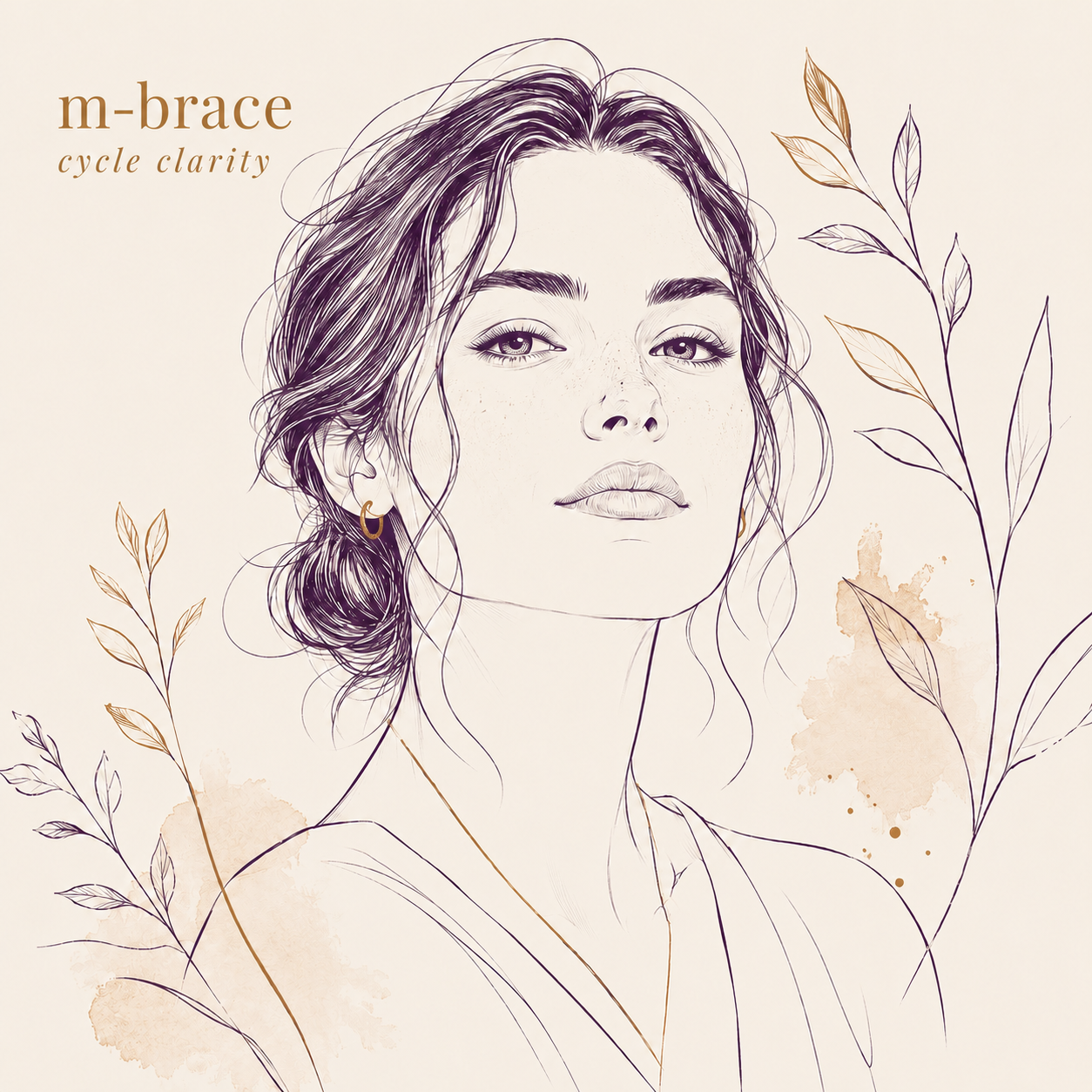 Elegante Linienillustration einer Frau mit botanischen Elementen im m-brace Stil